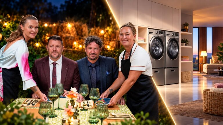 My Kitchen Rules judges and contestants beside a luxury Block laundry