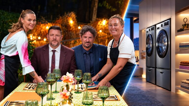 The MKR judges and contestants beside a luxury Block laundry in an editorial ratings showdown