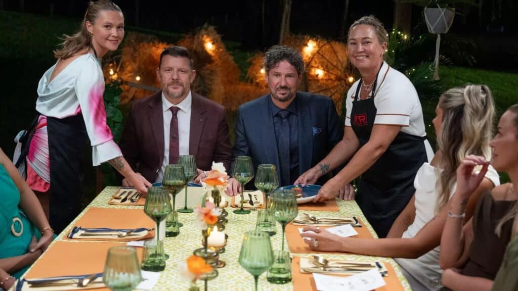 Krysten and Lucy serve Manu Feildel and Colin Fassnidge at their MKR instant restaurant