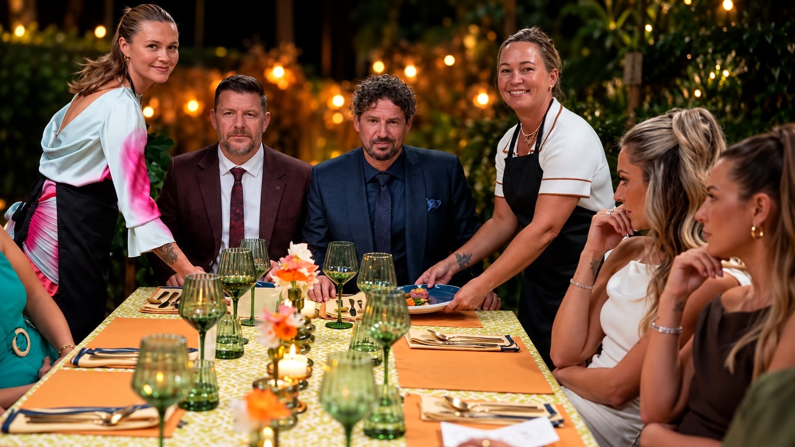 MKR cooks, judges and diners gathered around the premiere dinner table
