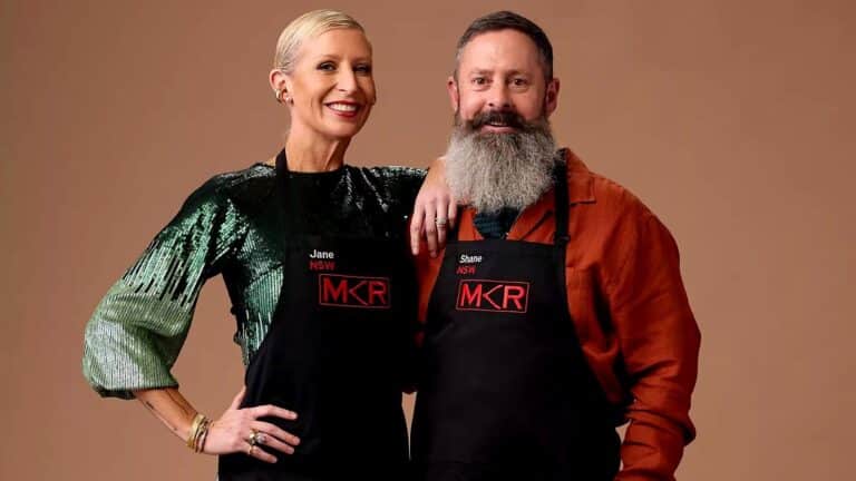 MKR 2026 contestants Jane and Shane standing together in black aprons