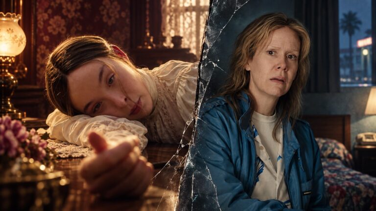 Ella Beatty as Lizzie Borden and Sarah Paulson as Aileen Wuornos separated by a cracked mirror