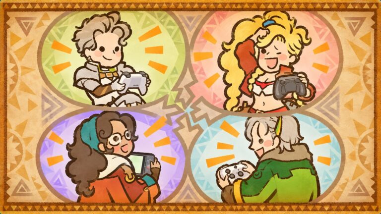 Four illustrated Monster Hunter Wilds players enjoying cross-platform multiplayer