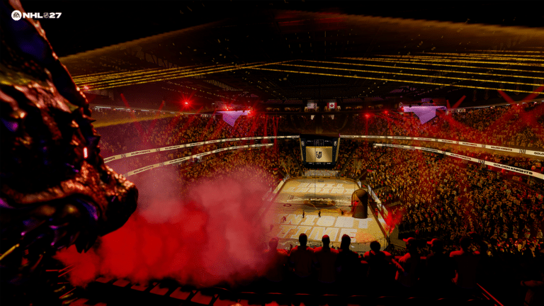 NHL 27 arena presentation with crowd, lighting and dragon display