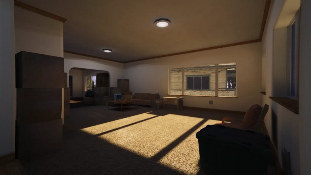 An unfurnished NoPixel V apartment with moving boxes and sunlight through the window