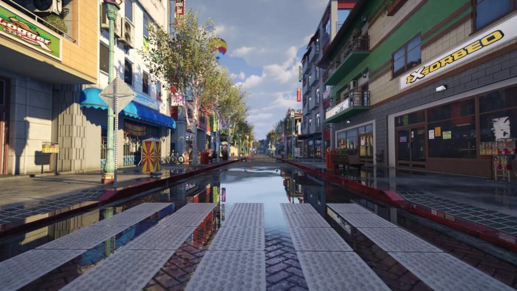 A rain-slicked shopping street in NoPixel V's rebuilt Cypress Flats