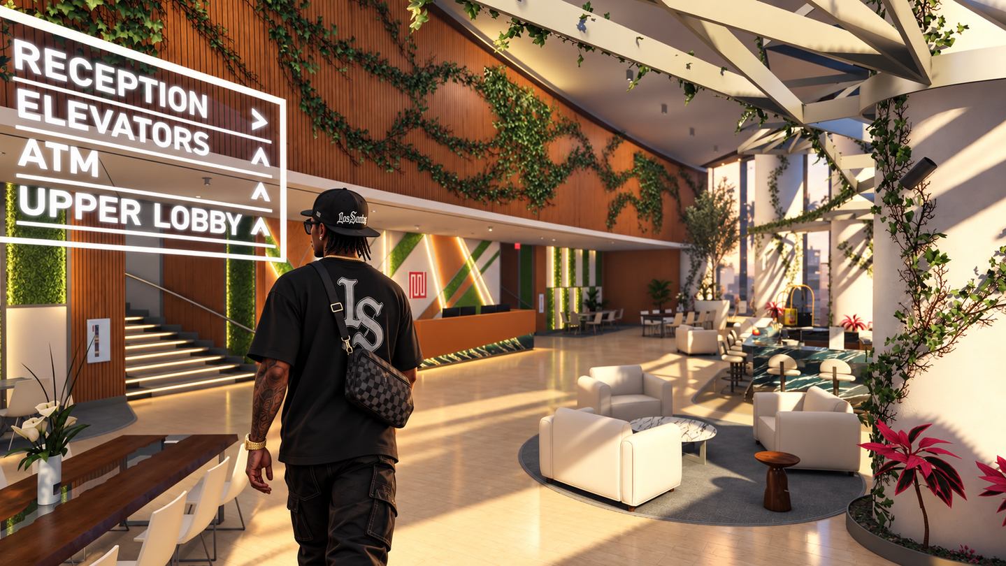 Illustrated GTA Online-style character standing beside the elevator sign in NoPixel V's Pixel Tower lobby