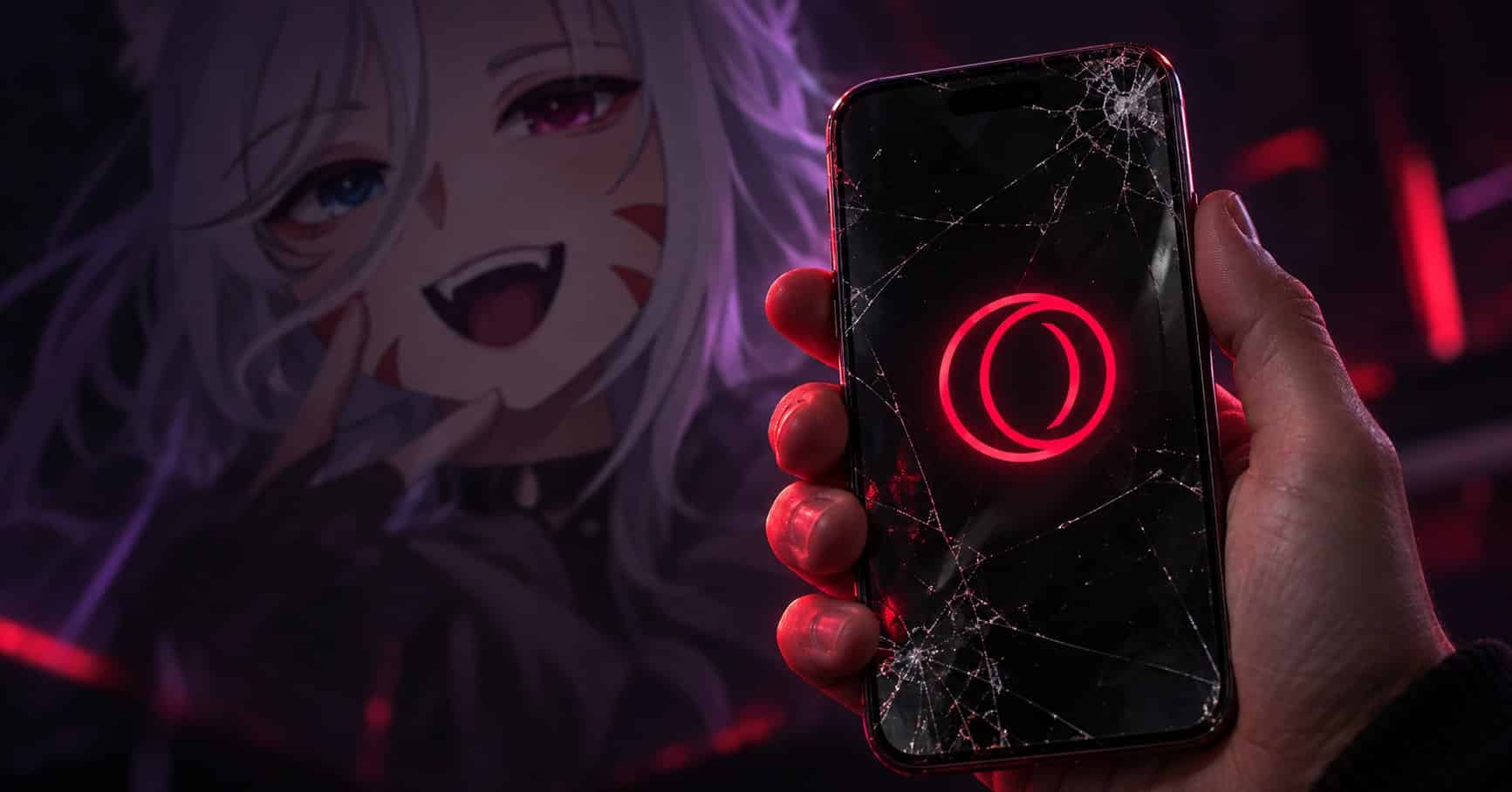 Cracked smartphone displaying the Opera GX logo with NyaraVT’s avatar blurred behind it