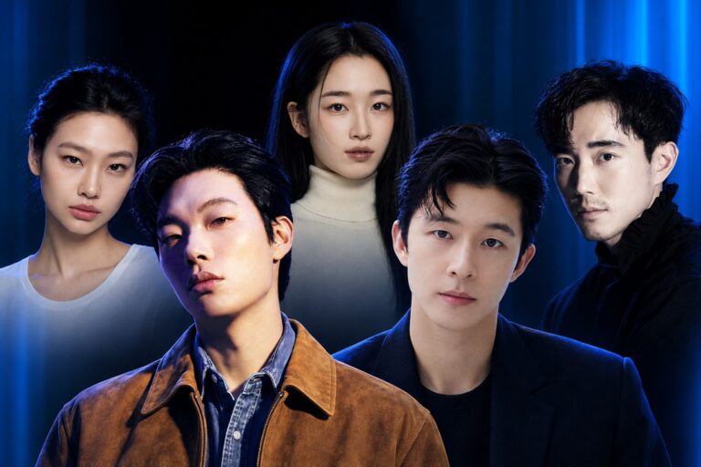 The five principal cast members of Netflix mystery series Outback in a blue noir ensemble