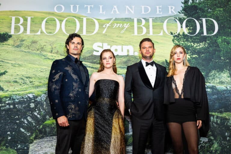 Jeremy Irvine, Hermione Corfield, Jamie Roy and Harriet Slater at the Sydney premiere of Outlander: Blood of My Blood season two