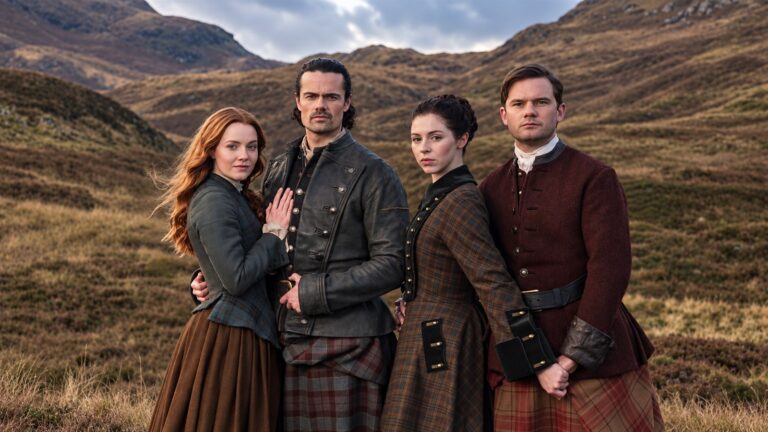Harriet Slater, Jamie Roy, Hermione Corfield and Jeremy Irvine in Outlander: Blood of My Blood season 2