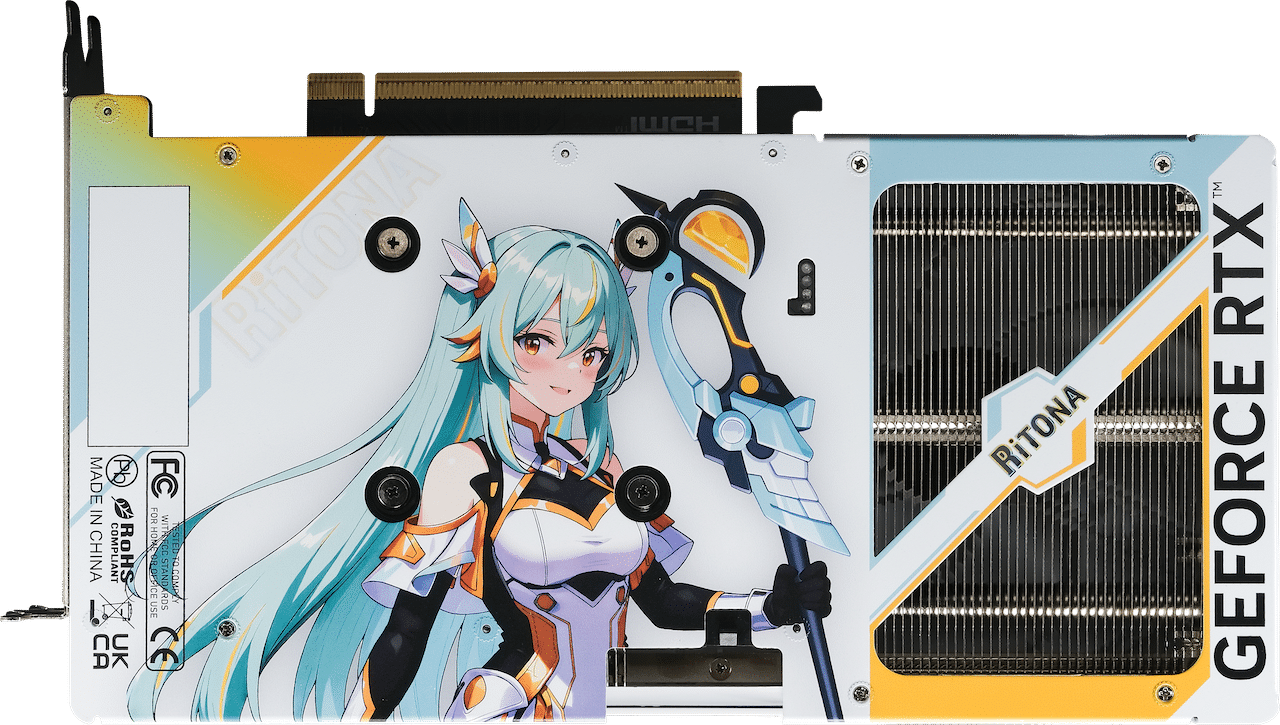 RiTONA illustration printed on the metal backplate of the RTX 5060 Ti