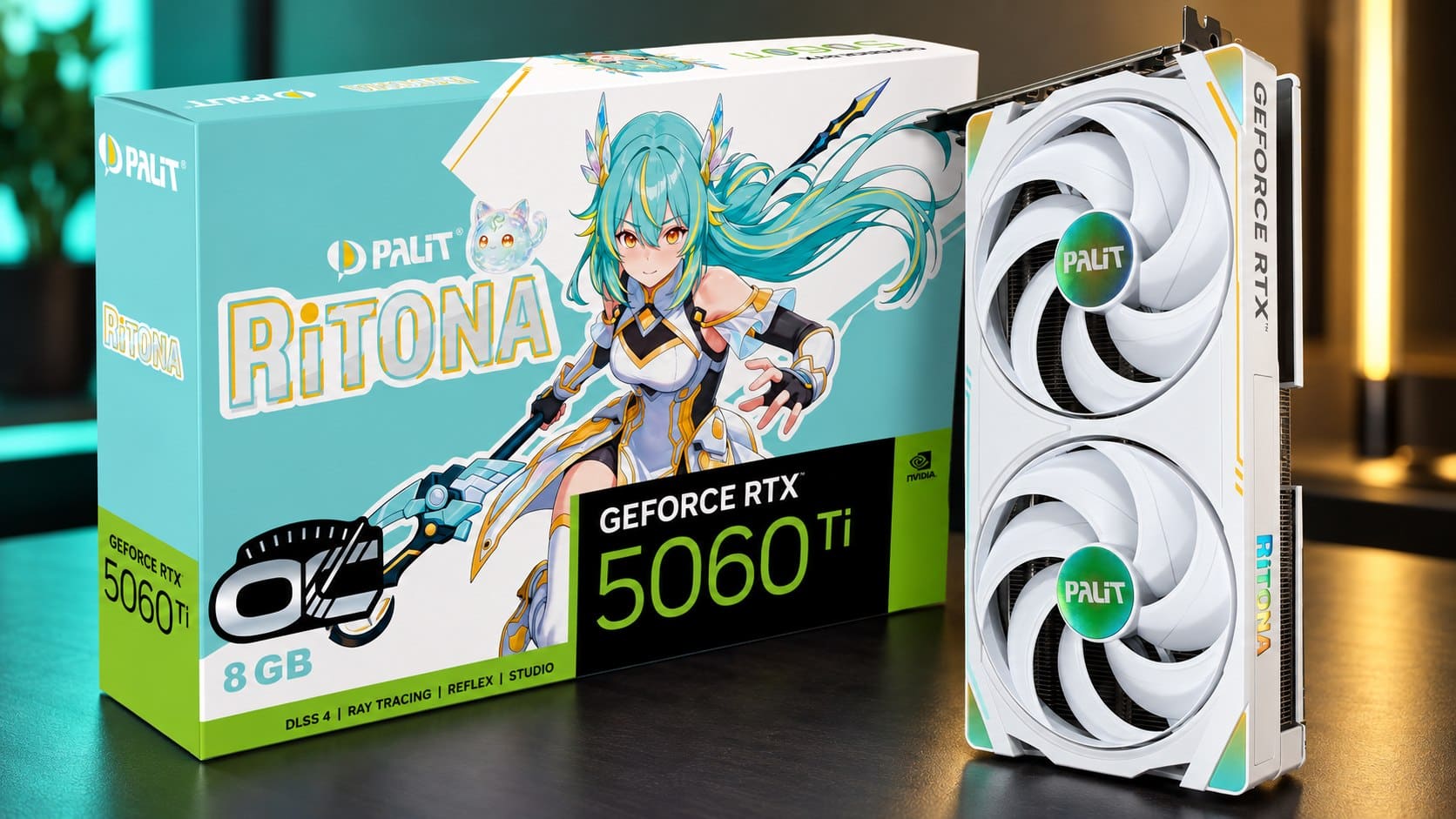 Palit RiTONA RTX 5060 Ti graphics card beside its illustrated retail box