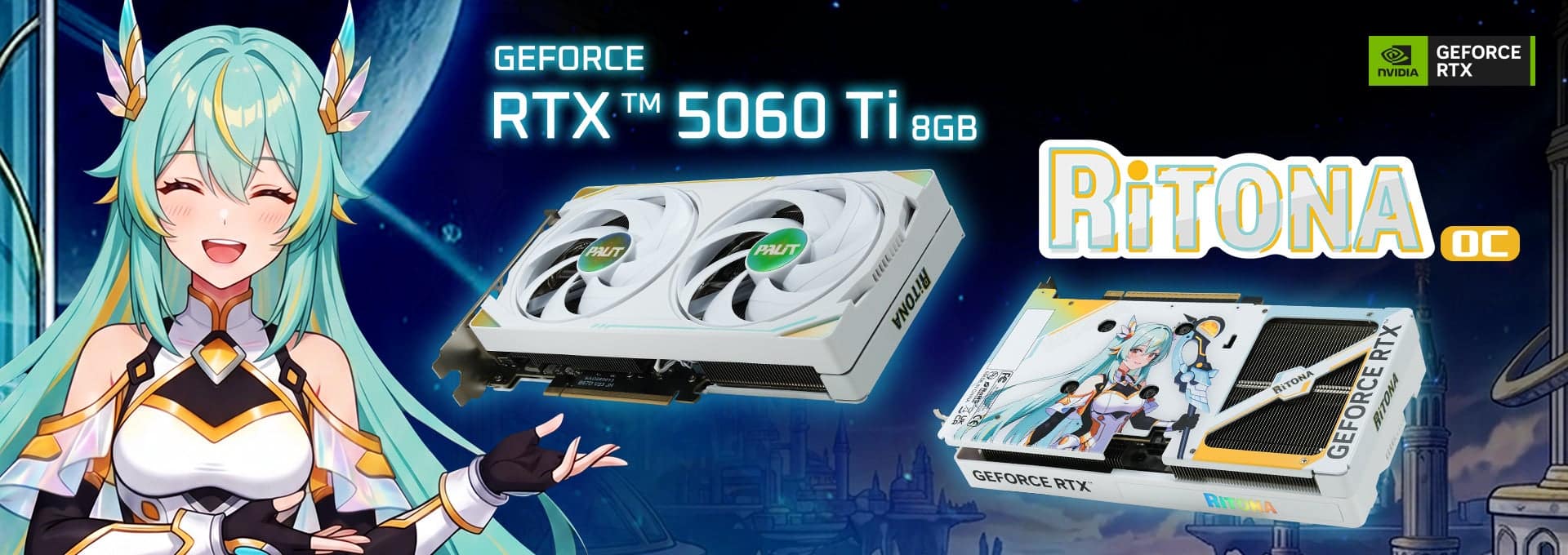 RiTONA character beside front and back views of her special-edition RTX 5060 Ti