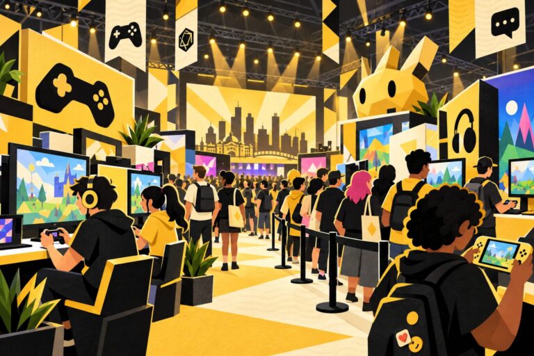 Crowds explore game demos on a yellow and black PAX Aus show floor