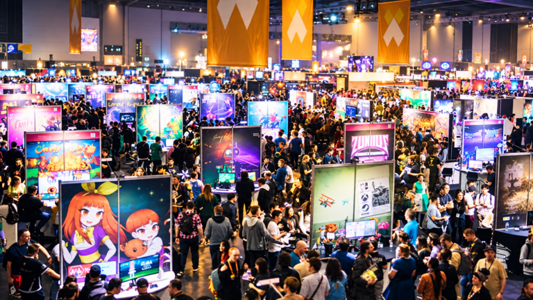 A packed PAX Aus gaming expo floor filled with crowds, demo stations and colourful game displays