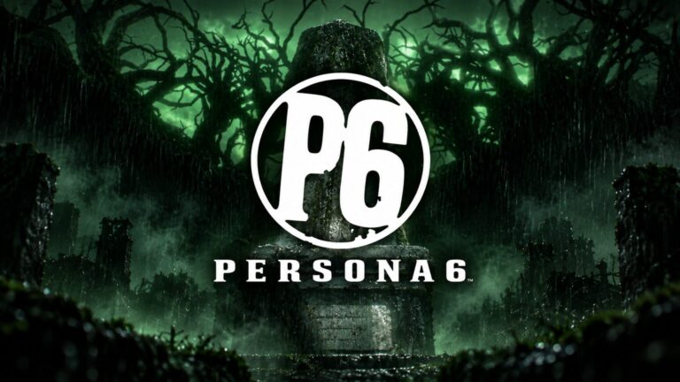 Persona 6 logo over a rain-soaked green cemetery