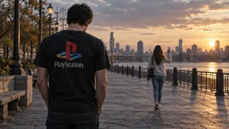 AI-generated illustration of a man in a PlayStation shirt watching a woman walk away and wave goodbye