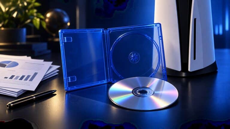 Physical game disc and case beside a modern console and survey papers