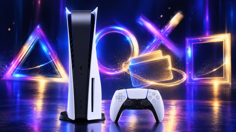 PlayStation 5 console and DualSense controller in blue and gold studio lighting