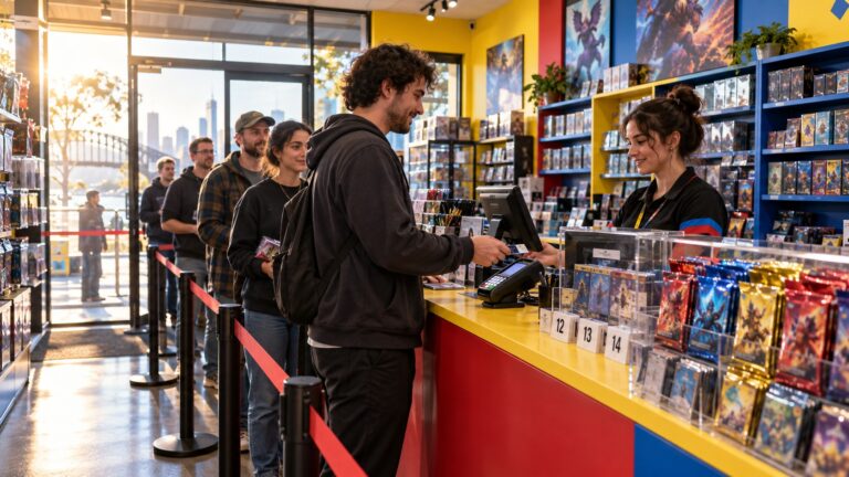 Customers queue at a game shop counter during a trading-card launch