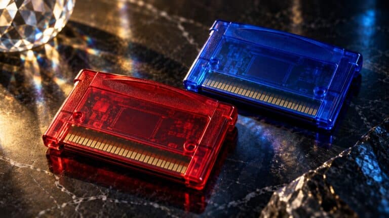 Generic ruby-red and sapphire-blue handheld game cartridges representing Pokémon Ruby and Sapphire rumours