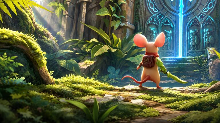 Quill stands before a glowing portal in Moss: The Forgotten Relic.