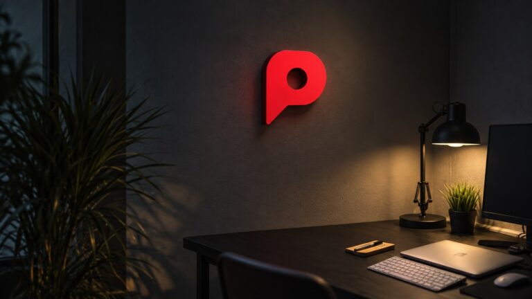 The illuminated red POPTOPIC P logo mounted on the wall of a small dark editorial office
