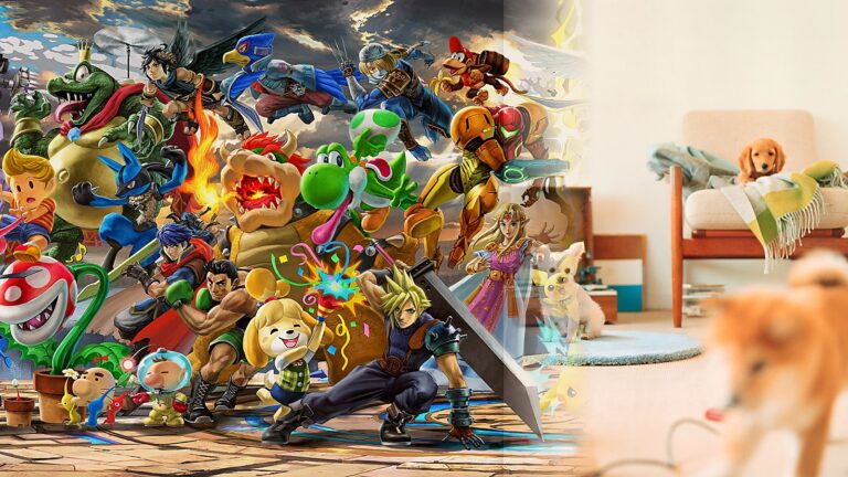 Super Smash Bros fighters beside puppies from Nintendogs