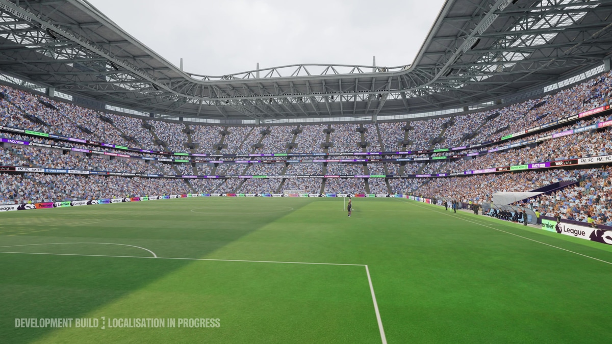 Football Manager 27 stadium with a full crowd beneath the roof