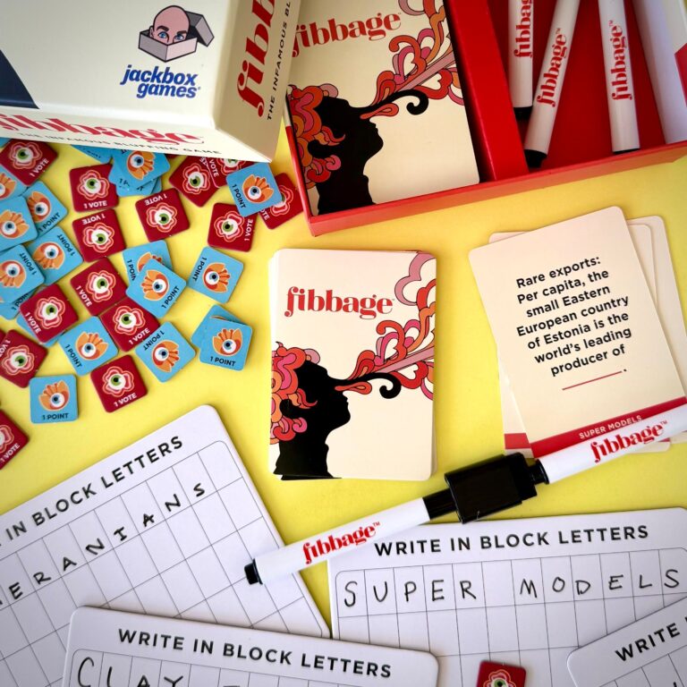 Jackbox Fibbage board game cards, voting tokens and answer boards