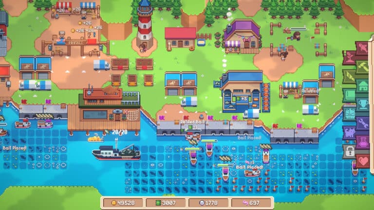 Tiny Harbor fishing village with boats, docks and a fish market