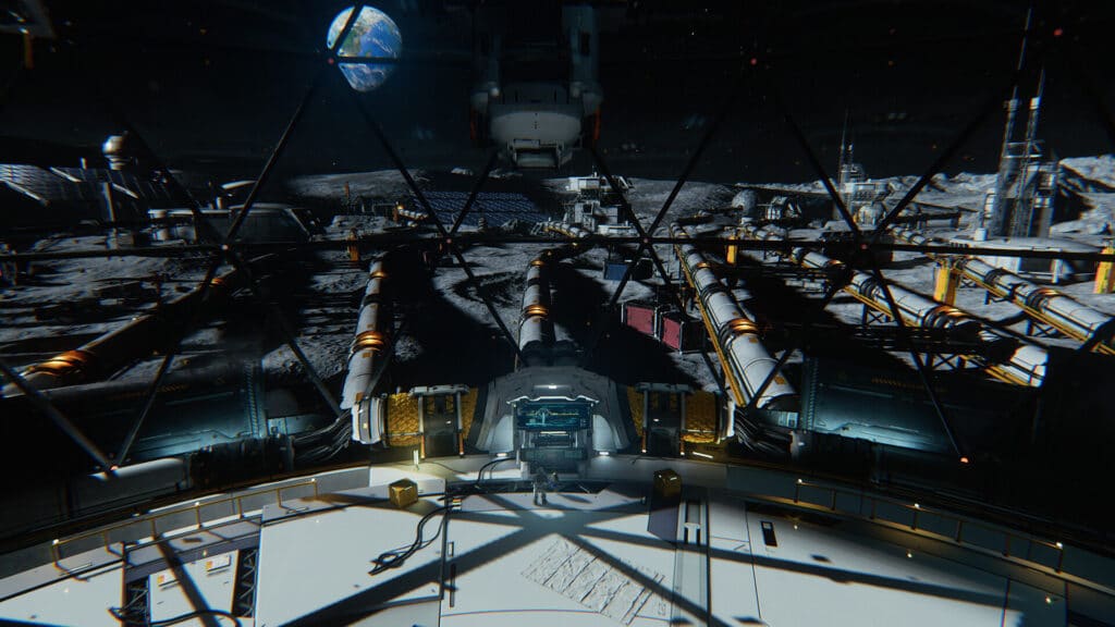 The Cradle lunar facility in Pragmata viewed through a vast glass dome