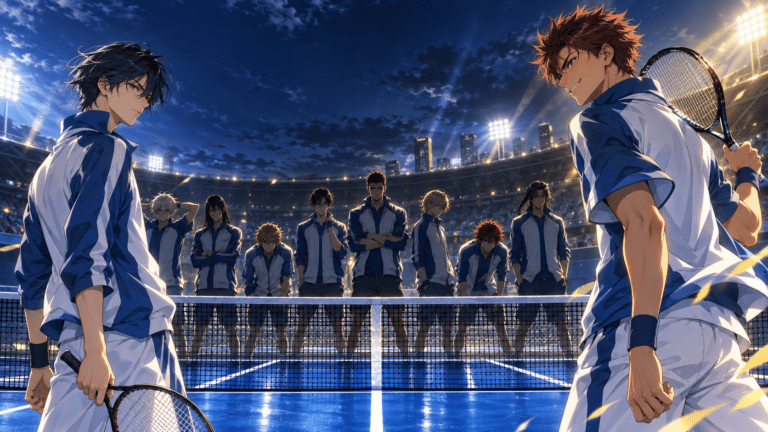 Two tennis rivals face each other beneath stadium lights while teammates await national team selection
