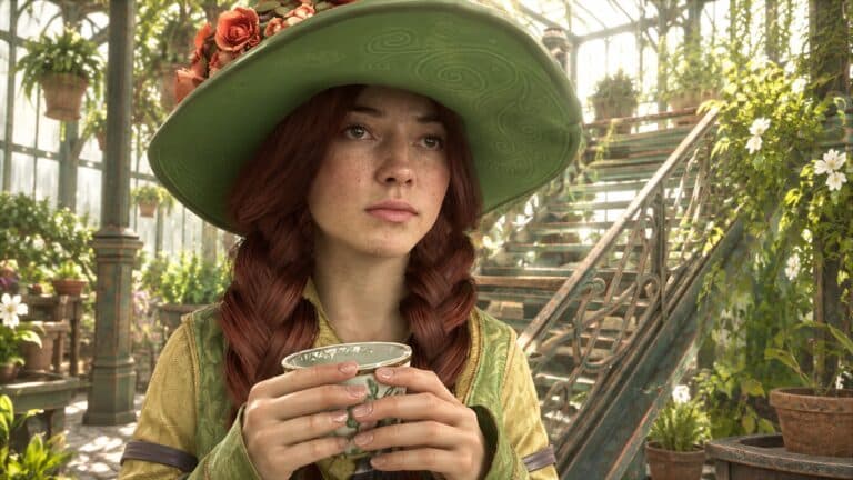 Professor Mirabel Garlick holding a teacup in a detailed DLSS 5 Hogwarts Legacy render
