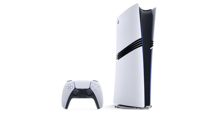 A white PlayStation 5 Pro console beside a DualSense controller