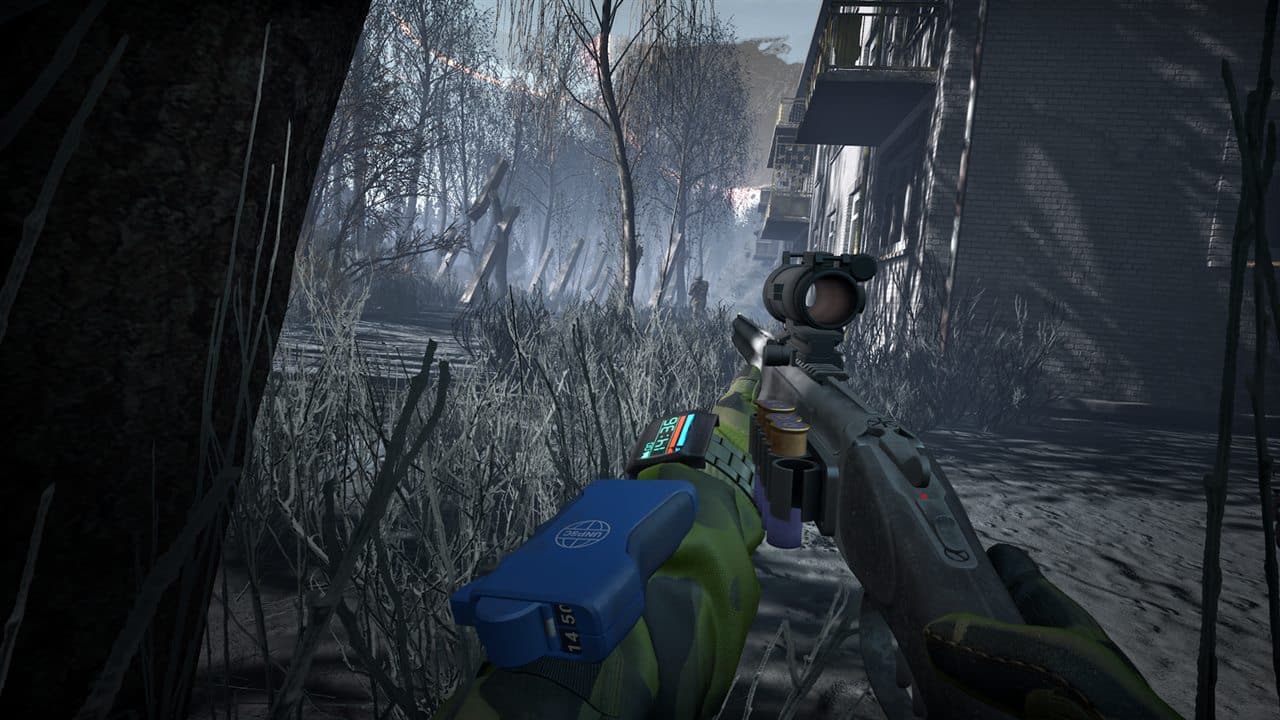 First-person view of an armed explorer facing a figure in a foggy street in Into the Radius 2