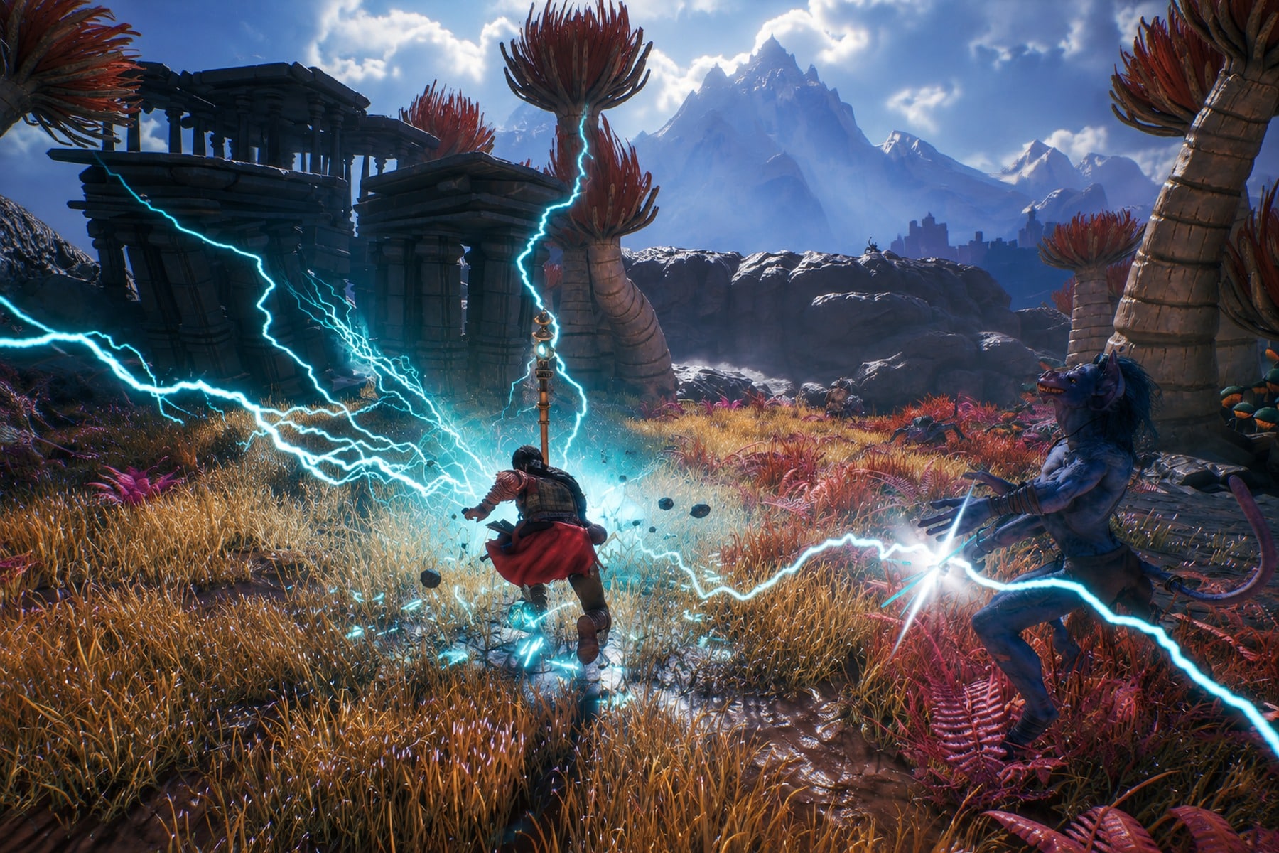 Raji channels blue lightning through a mythic battlefield in Raji Kaliyuga