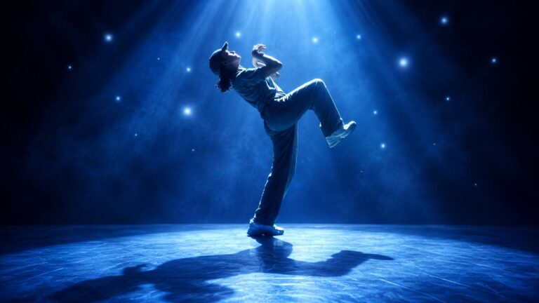 Raygun holding a kangaroo stance under blue stage lighting in an AI-enhanced trailer image