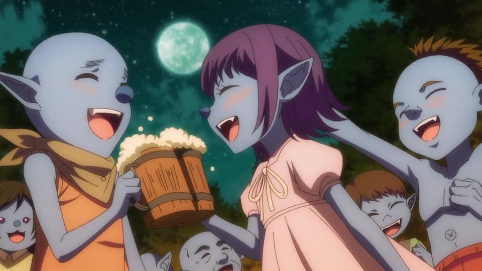 Goblin villagers celebrate together under the moon in So What's Wrong with Getting Reborn as a Goblin?