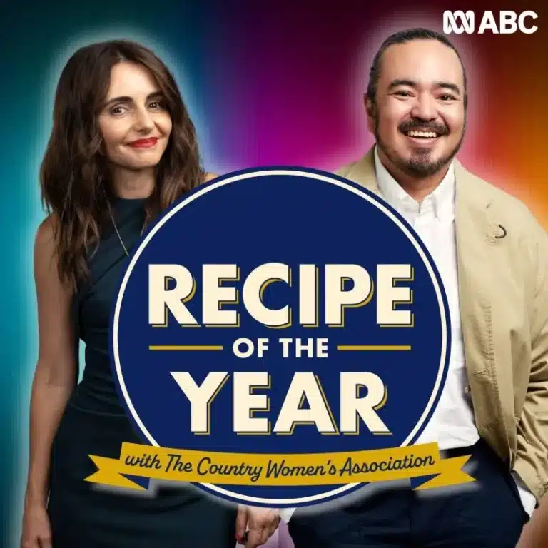 Pia Miranda and Adam Liaw with the Recipe of the Year logo