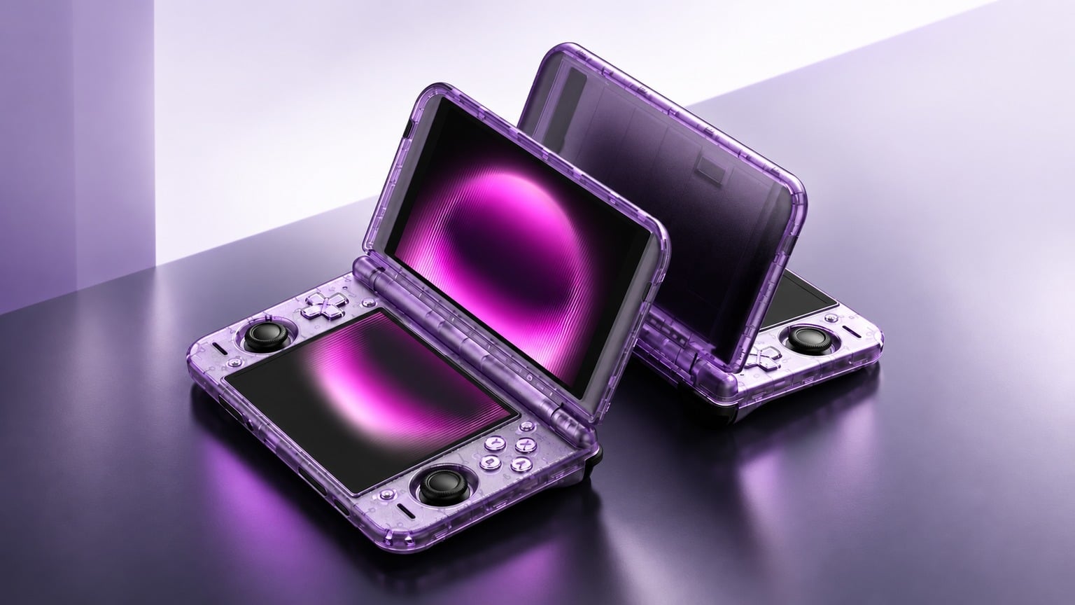 Two translucent purple Retroid Pocket Duo dual-screen gaming handhelds arranged on a lavender studio surface