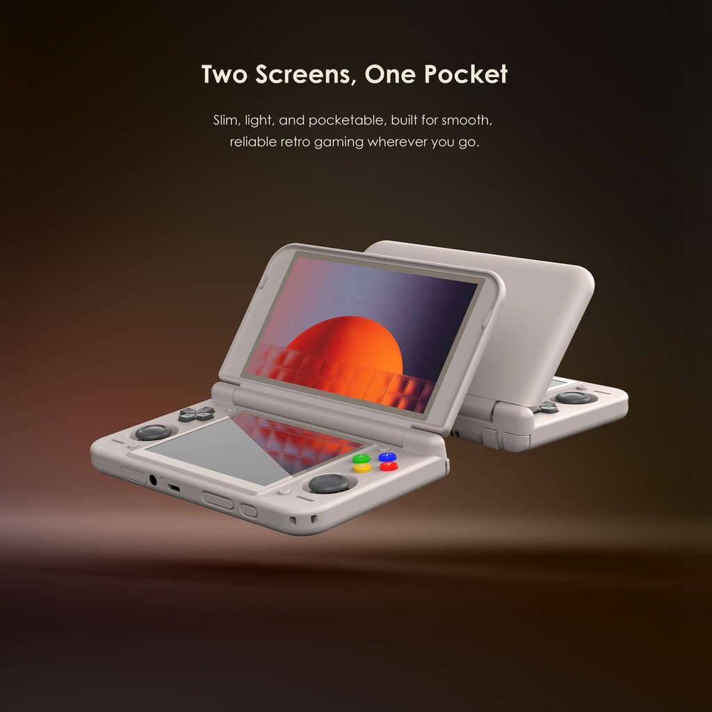 Retroid Pocket Duo Lite open with two LCD displays and gaming controls visible