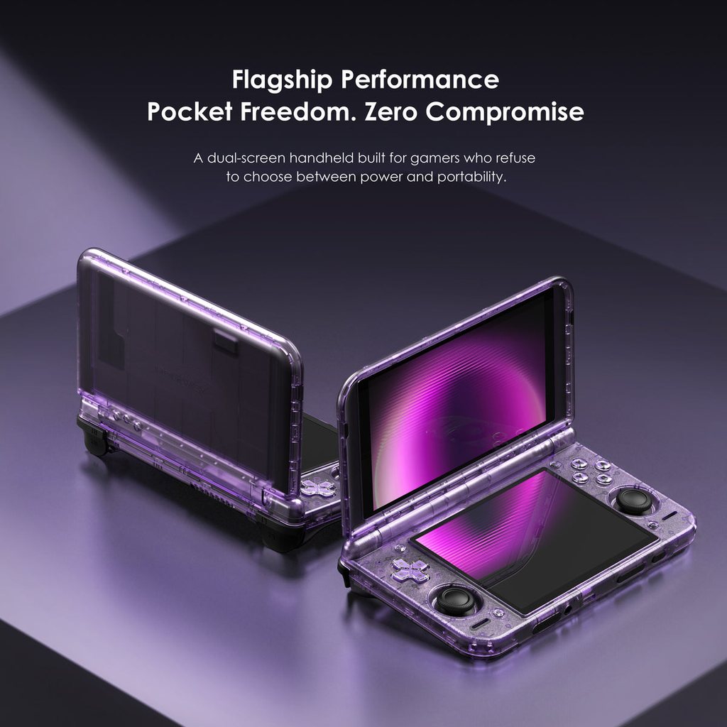 Retroid Pocket Duo open to show its upper widescreen and lower 4:3 OLED displays