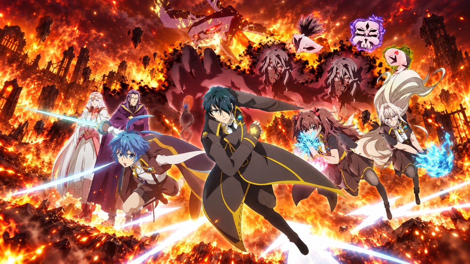 Desir and his allies confront a burning magical battlefield in A Returner's Magic Should Be Special Season 2