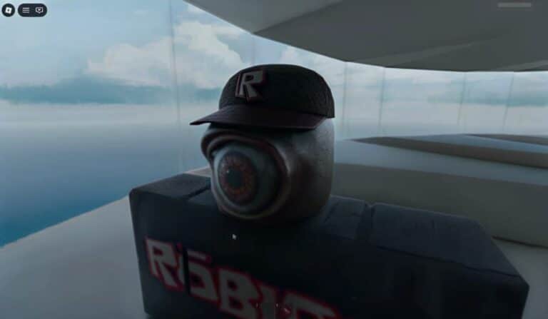 A Roblox avatar with a realistic human eye generated by an unofficial DLSS 5 experiment