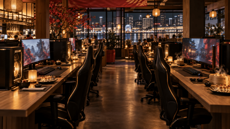 Illustration of a gaming PC event inside a Japanese-style restaurant overlooking Sydney Harbour
