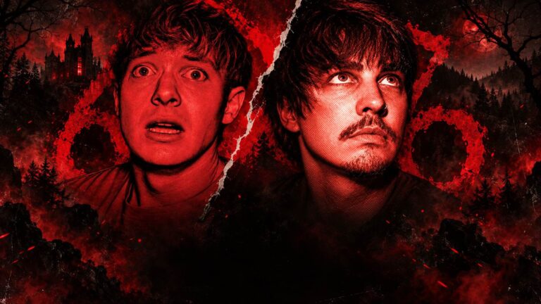 Sam Golbach and Colby Brock looking upward in a dark red Hell Week 666 horror composition