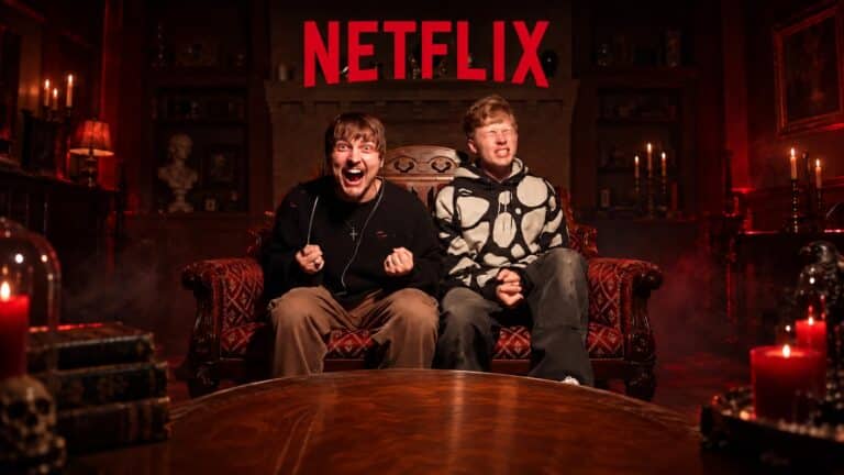 Sam Golbach and Colby Brock celebrate their Netflix announcement in a dark paranormal setting
