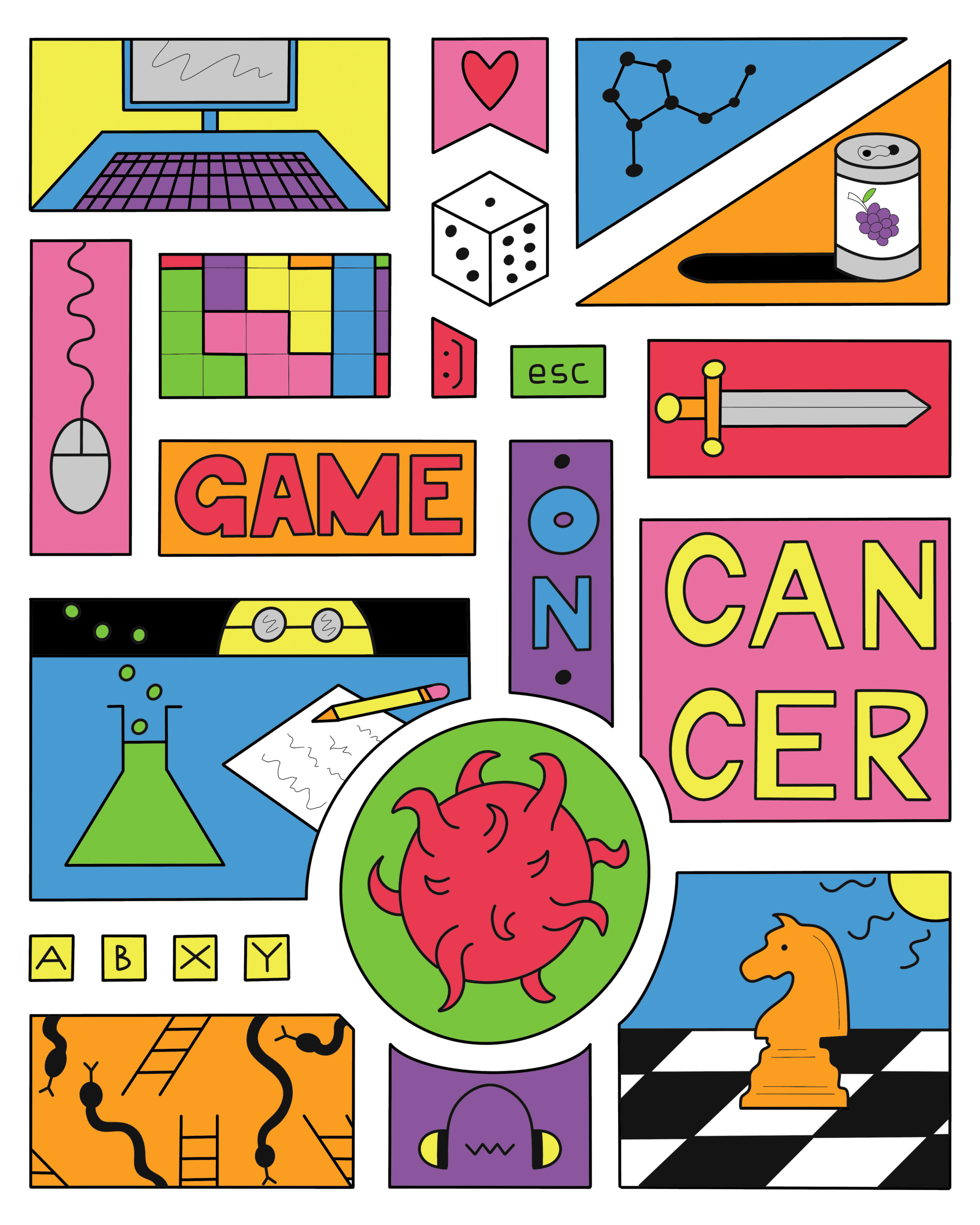Claire Harrison's original colourful Science Meets Gaming tee illustration